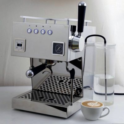 Chrome Bellezza Bellona Coffee Machine with a cup of coffee