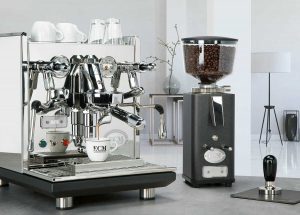 ECM Synchronika Dual Boiler Coffee Machine with coffee grinder and coffee tamper