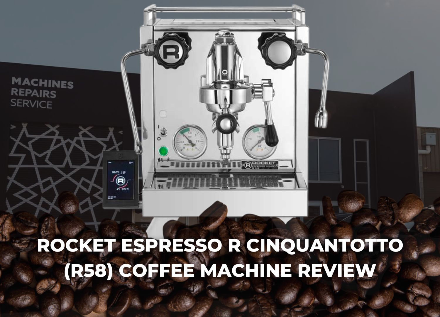 Rocket Espresso R Cinquantotto (R58) coffee machine placed infront of the Coffee Complex shop.
